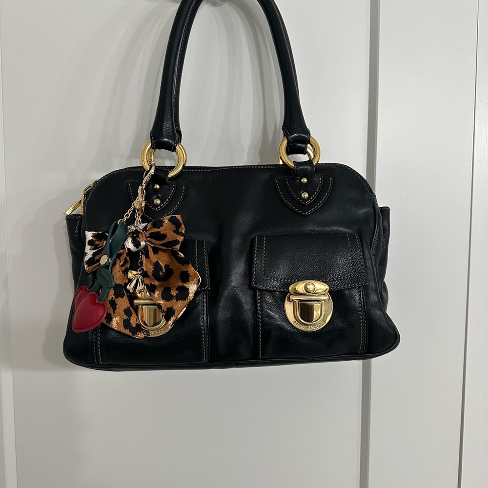 Marc Jacobs Black Leather Satchel with Gold Hardware and Leopard Charm